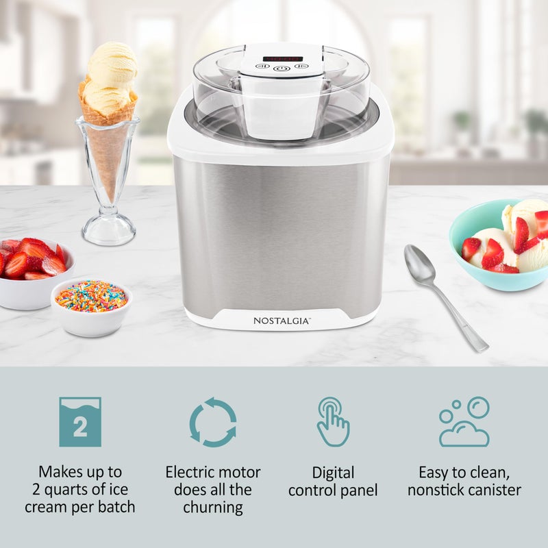 Nostalgia 2-Quart Electric Ice Cream Maker â€“ Make Homemade Ice Cream, Gelato, Sorbet & Frozen Yogurt â€“ No Salt/Ice Needed, Digital Controls, Mix-In Chute & Freezing Gel Canister â€“ Stainless & White - Image 3