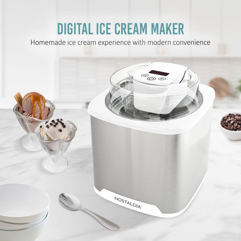 Nostalgia 2-Quart Electric Ice Cream Maker â€“ Make Homemade Ice Cream, Gelato, Sorbet & Frozen Yogurt â€“ No Salt/Ice Needed, Digital Controls, Mix-In Chute & Freezing Gel Canister â€“ Stainless & White - Image 2
