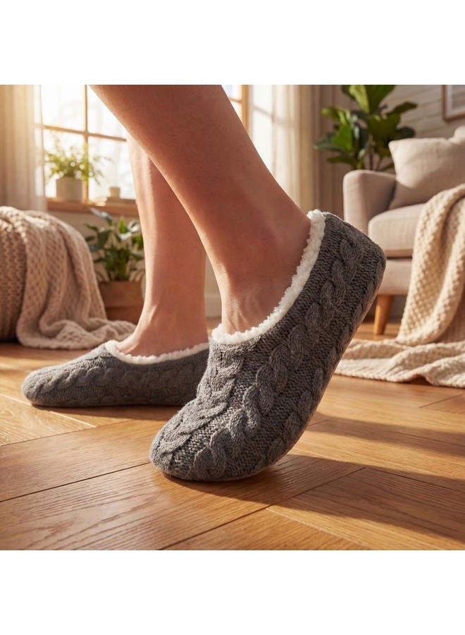 Cozylook 2-Pair Women's Soft Sole Slipper Socks with Grippers, Thick Warm Cozy Sherpa Lined Home Socks Set, Cable Knitted Non-slip Fluffy Winter House Bedroom Slippers, 2-pk Cable Knit (Black & Grey - Image 2
