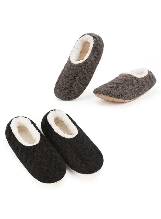 Cozylook 2-Pair Women's Soft Sole Slipper Socks with Grippers, Thick Warm Cozy Sherpa Lined Home Socks Set, Cable Knitted Non-slip Fluffy Winter House Bedroom Slippers, 2-pk Cable Knit (Black & Grey - Image 1