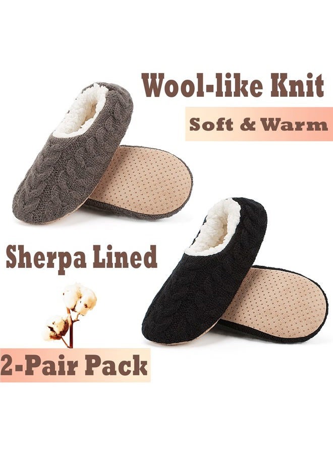 Cozylook 2-Pair Women's Soft Sole Slipper Socks with Grippers, Thick Warm Cozy Sherpa Lined Home Socks Set, Cable Knitted Non-slip Fluffy Winter House Bedroom Slippers, 2-pk Cable Knit (Black & Grey - Image 4