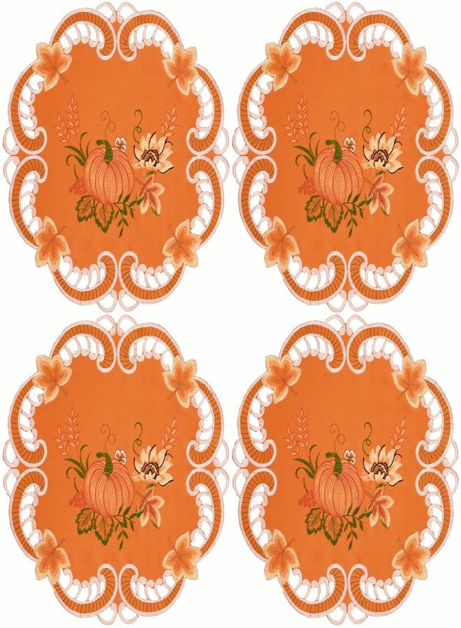 Simhomsen Embroidered Pumpkins Orange Round Doily Placemats for Fall, Autumn and Thanksgiving (Round 15 Inches (Set of 4)) - Image 2