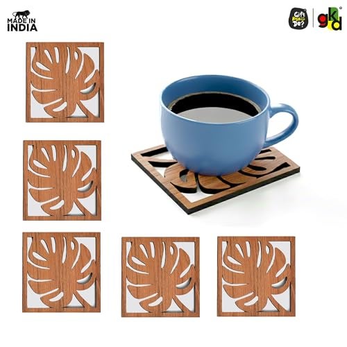Gift Kya De GKD Coaster Set of 6 Leaf Cutwork Design Wooden Coasters to Serve Tea Cups, Coffee Mugs and Glasses (3.8 x 3.8 inch)(Dark Wood)(Ecofriendly) - Image 3