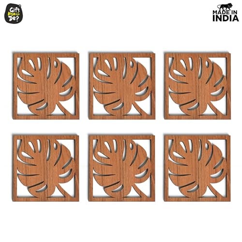 Gift Kya De GKD Coaster Set of 6 Leaf Cutwork Design Wooden Coasters to Serve Tea Cups, Coffee Mugs and Glasses (3.8 x 3.8 inch)(Dark Wood)(Ecofriendly) - Image 5