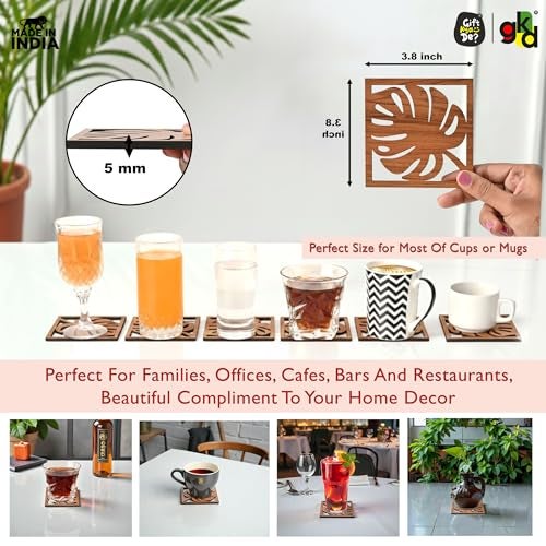 Gift Kya De GKD Coaster Set of 6 Leaf Cutwork Design Wooden Coasters to Serve Tea Cups, Coffee Mugs and Glasses (3.8 x 3.8 inch)(Dark Wood)(Ecofriendly) - Image 2