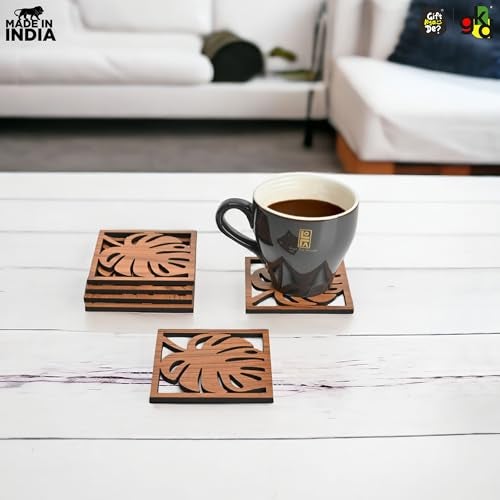 Gift Kya De GKD Coaster Set of 6 Leaf Cutwork Design Wooden Coasters to Serve Tea Cups, Coffee Mugs and Glasses (3.8 x 3.8 inch)(Dark Wood)(Ecofriendly) - Image 4