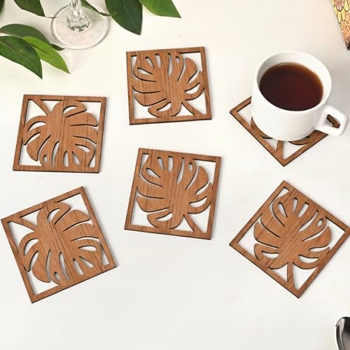 Gift Kya De GKD Coaster Set of 6 Leaf Cutwork Design Wooden Coasters to Serve Tea Cups, Coffee Mugs and Glasses (3.8 x 3.8 inch)(Dark Wood)(Ecofriendly) - Image 1