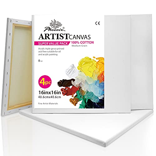 PHOENIX Stretched Canvas for Painting 16x16 Inch/4 Value Pack, 8 Oz Triple Primed 5/8 Inch Profile 100% Cotton White Blank Canvas, Square Framed Canvas for Oil Acrylic & Pouring Art - Image 1