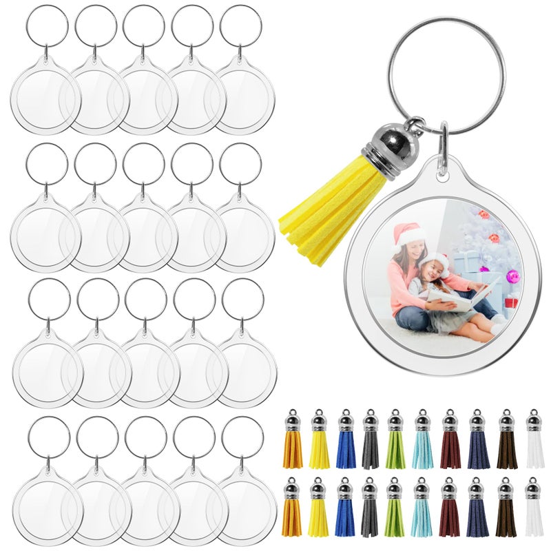 Philbinden 20 Set Acrylic Photo Keychain-Clear Picture Frame Keychain with Tassels,Blanks Snap in Insert Picture Frame Keychain (Round), Large - Image 1
