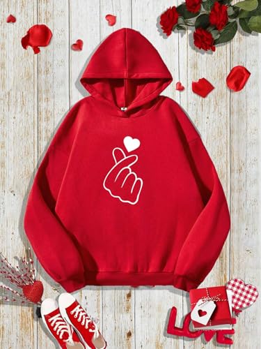 SXV STYLE SXV Casual Minimalist Heart Print Couple Red Hoodie, Loose Fit Thick Valentine Day Sweatshirt for Women, Valentine's Day (in, Alpha, L, Regular, Red-Girl) - Image 2
