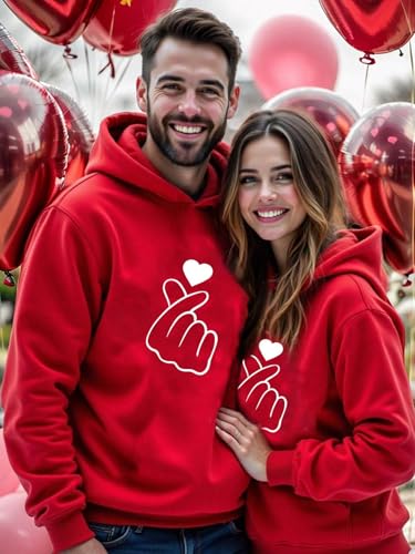 SXV STYLE SXV Casual Minimalist Heart Print Couple Red Hoodie, Loose Fit Thick Valentine Day Sweatshirt for Women, Valentine's Day (in, Alpha, L, Regular, Red-Girl) - Image 4