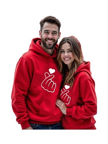 SXV STYLE SXV Casual Minimalist Heart Print Couple Red Hoodie, Loose Fit Thick Valentine Day Sweatshirt for Women, Valentine's Day (in, Alpha, L, Regular, Red-Girl) - Image 1
