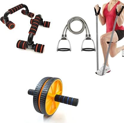 LIVOX Double Toning Resistance Tube, Push up Bar and Ab Roller for Home Workout Gym Kit Combo (Multicolor) - Image 1