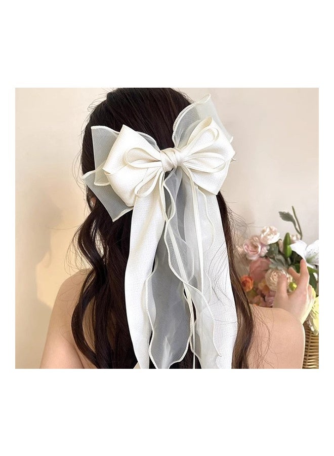 2 pcs Mesh Ribbon Bow Hair Clip, Silky Satin Large Headband with Oversized Long Tail Bow Hair Clip Hair Accessory Large Bows for Girls Hair (White+Pink) - Image 3