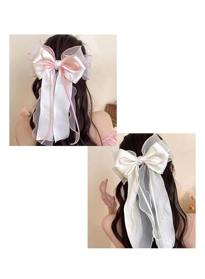 2 pcs Mesh Ribbon Bow Hair Clip, Silky Satin Large Headband with Oversized Long Tail Bow Hair Clip Hair Accessory Large Bows for Girls Hair (White+Pink) - Image 1
