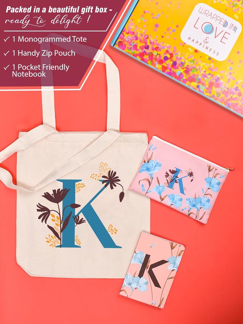 Doodle Monogram K Diary Gift Set with Tote Bag and Pouch | B6 Soft Bound Ruled Notebook | Stationery Gift Set for Women - Image 2