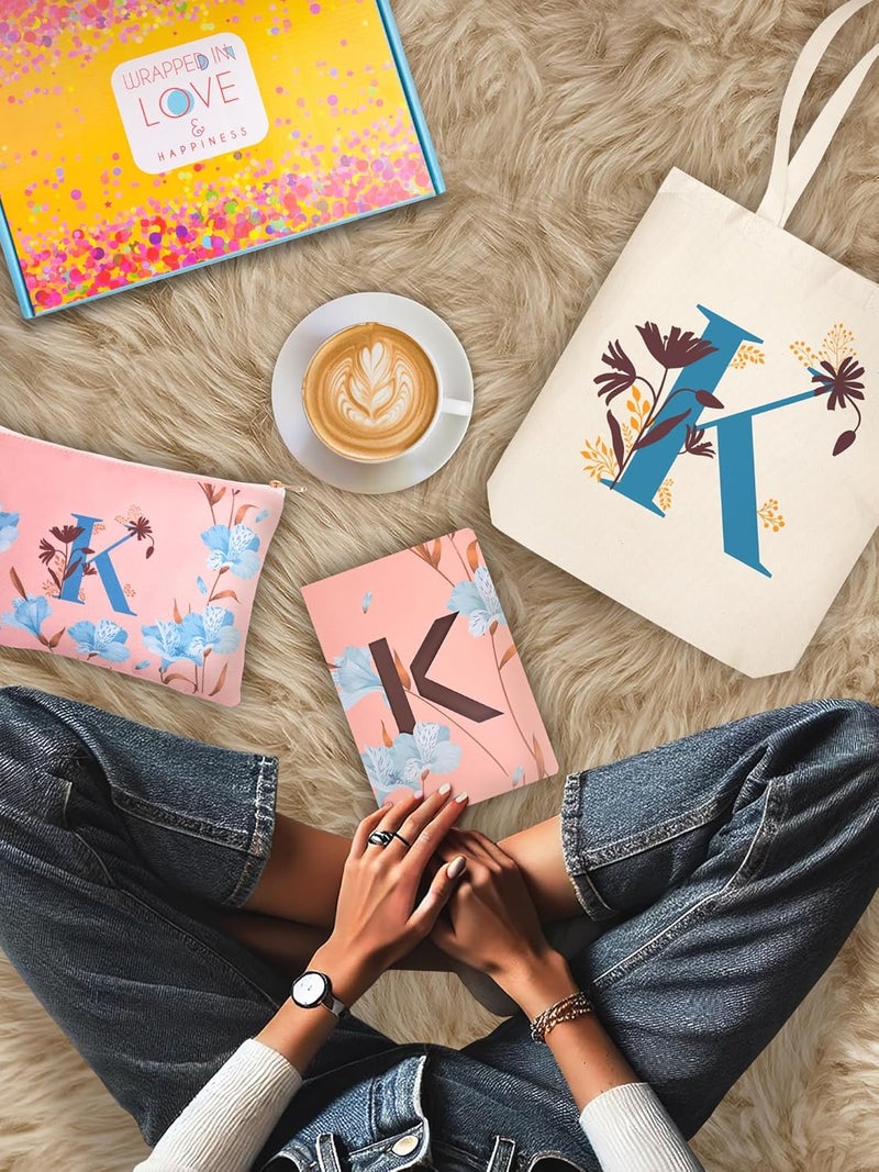 Doodle Monogram K Diary Gift Set with Tote Bag and Pouch | B6 Soft Bound Ruled Notebook | Stationery Gift Set for Women - Image 3
