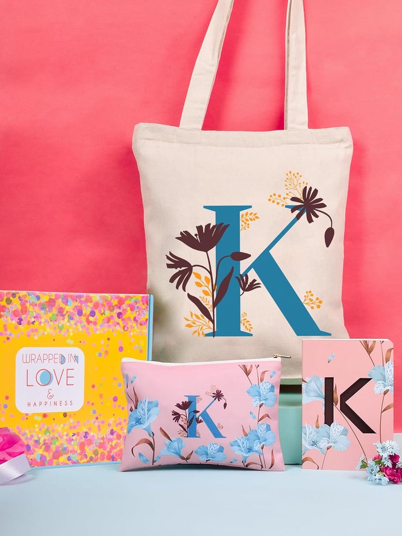 Doodle Monogram K Diary Gift Set with Tote Bag and Pouch | B6 Soft Bound Ruled Notebook | Stationery Gift Set for Women - Image 1