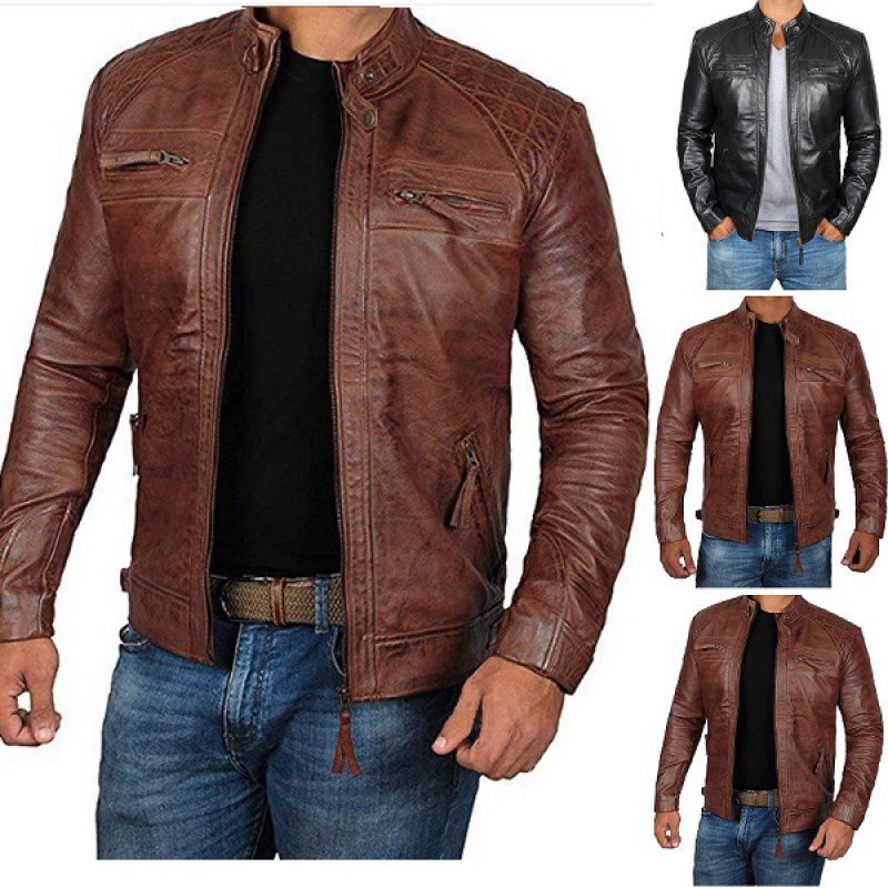 Men'S Leather Jacket Collar Punk Motorcycle Leather Jacket - Image 4