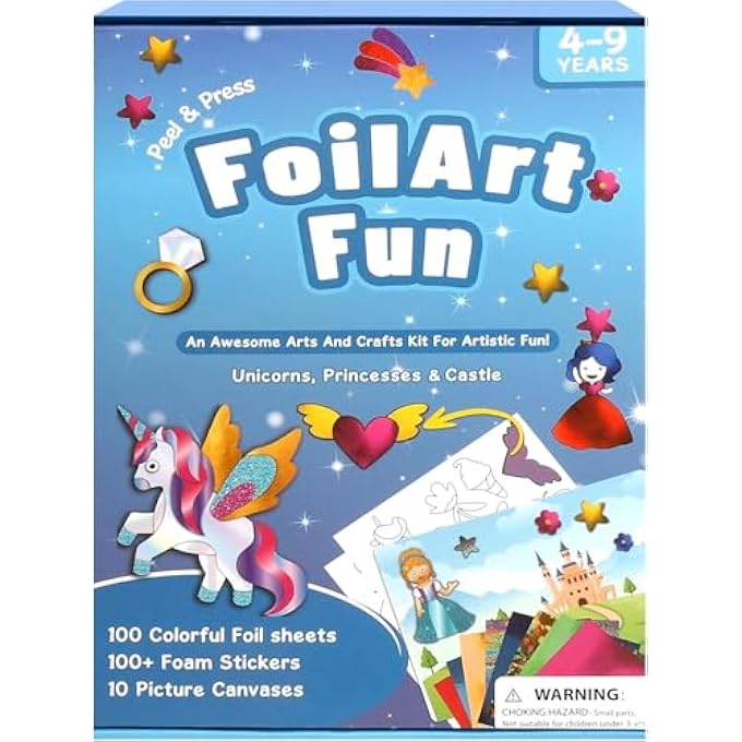 FOIL ART KIT FOR GIRLS AGE 4-8, DIY CRAFT SET WITH STICKERS AND TEMPLATES, NO-MESS ARTS AND CRAFTS GIFT FOR KIDS BIRTHDAY, TRAVEL ACTIVITY TOY FOR GIRLS AND BOYS - Image 1