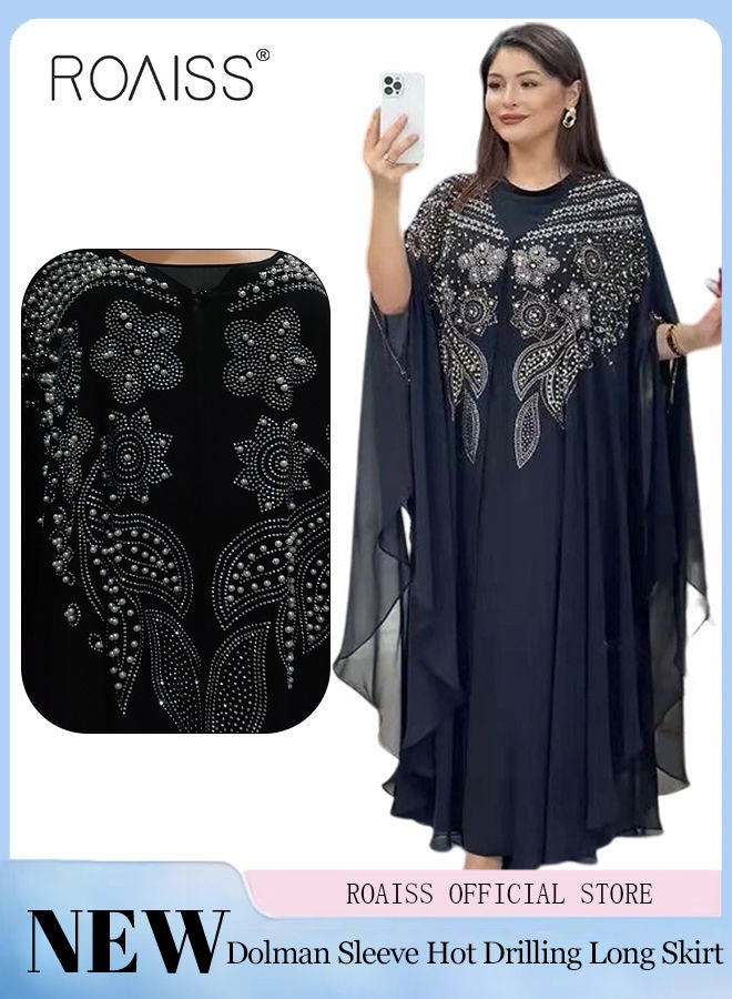 roaiss Women's Dress Oversized Skirt with Dolman Sleeves Loose Waist Robe Pearl Chiffon Diamond Have Inner Skirt  - Image 1