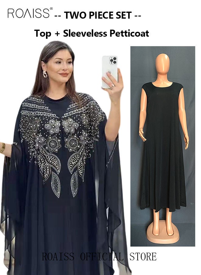 roaiss Women's Dress Oversized Skirt with Dolman Sleeves Loose Waist Robe Pearl Chiffon Diamond Have Inner Skirt  - Image 2