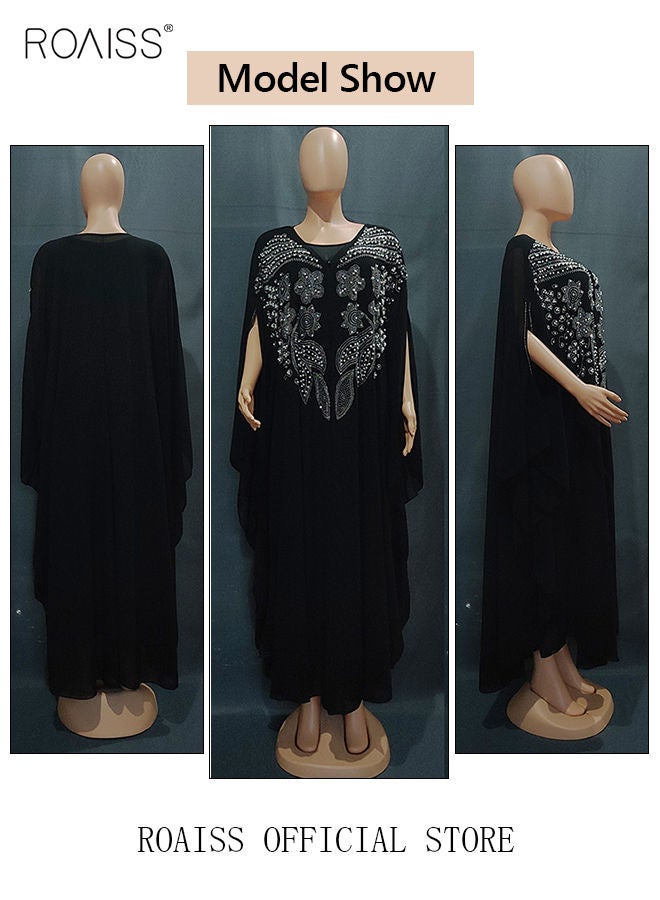 roaiss Women's Dress Oversized Skirt with Dolman Sleeves Loose Waist Robe Pearl Chiffon Diamond Have Inner Skirt  - Image 4