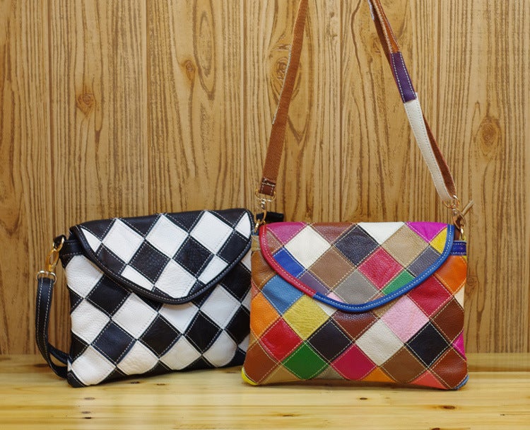 New Leather Top Layer Cowhide Women'S Bag Fashion Niche Design Colorful Plaid Crossbody Shoulder Women'S Bag Small Bag - Image 4