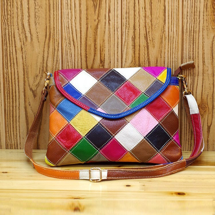 New Leather Top Layer Cowhide Women'S Bag Fashion Niche Design Colorful Plaid Crossbody Shoulder Women'S Bag Small Bag - Image 2