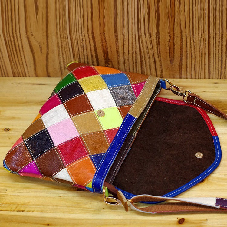 New Leather Top Layer Cowhide Women'S Bag Fashion Niche Design Colorful Plaid Crossbody Shoulder Women'S Bag Small Bag - Image 3