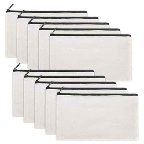 Sinzip 12 Pieces White Cotton Canvas Makeup Bag, Multipurpose Cosmetic Bag with Zipper Travel Toiletry Pouch, Blank DIY Craft Bag (White, S) - Image 1