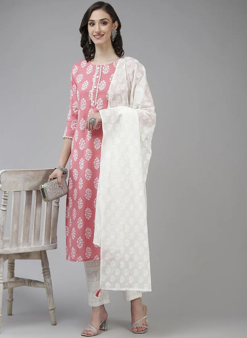 ZERESOUQ Pink Ethnic Printed Straight Pure Cotton Kurta With Trousers And Dupatta