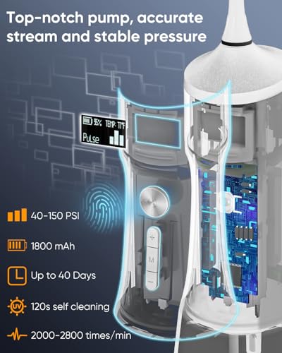 MySmile LP221 UVC Sterilizable Cordless Water Flossers for Teeth 335ML Portable OLED Display Dental Flosser with 4 Modes 8 Jet Tips and a Storage Pouch for Home and Travel (Pearl White) - Image 3