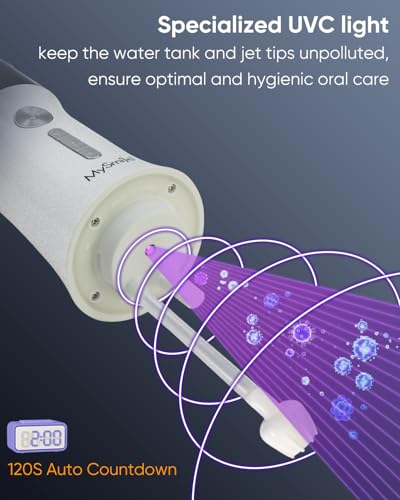 MySmile LP221 UVC Sterilizable Cordless Water Flossers for Teeth 335ML Portable OLED Display Dental Flosser with 4 Modes 8 Jet Tips and a Storage Pouch for Home and Travel (Pearl White) - Image 5