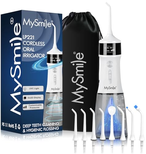 MySmile LP221 UVC Sterilizable Cordless Water Flossers for Teeth 335ML Portable OLED Display Dental Flosser with 4 Modes 8 Jet Tips and a Storage Pouch for Home and Travel (Pearl White) - Image 1