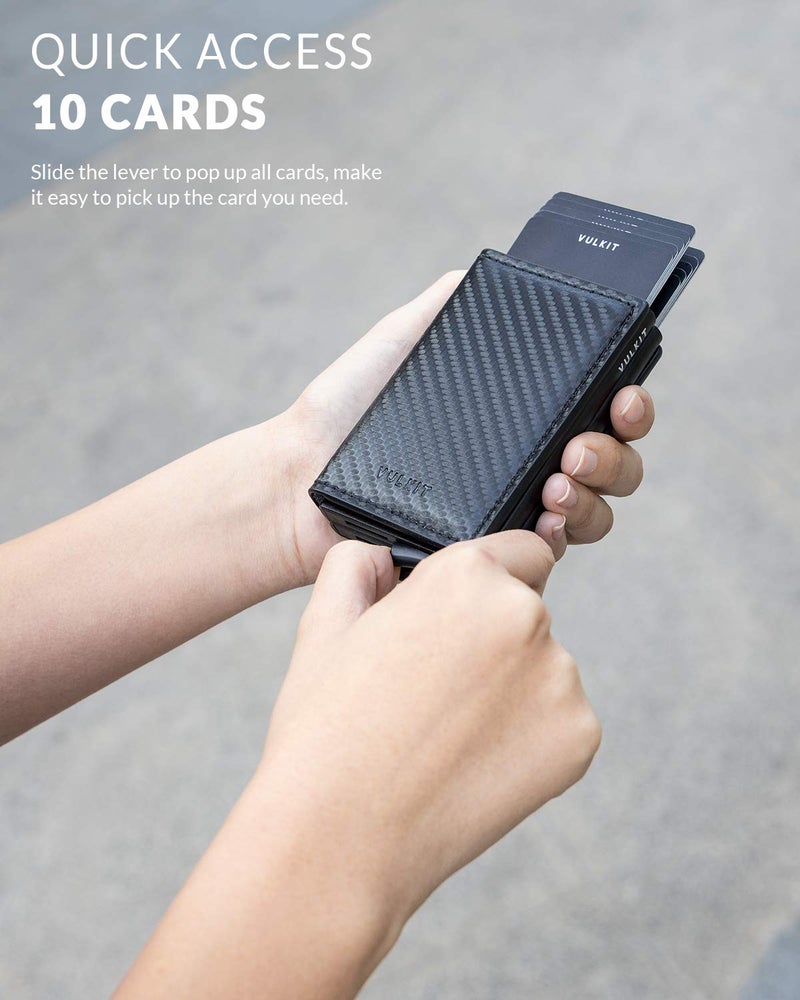 VULKIT محفظة فالكيت القابلة للطي جلدية رفيعة لحامل بطاقات الائتمان مع حجب RFID علبة بطاقتين معدنية للرجال والنساء من ألياف الكربون السوداء - Image 2