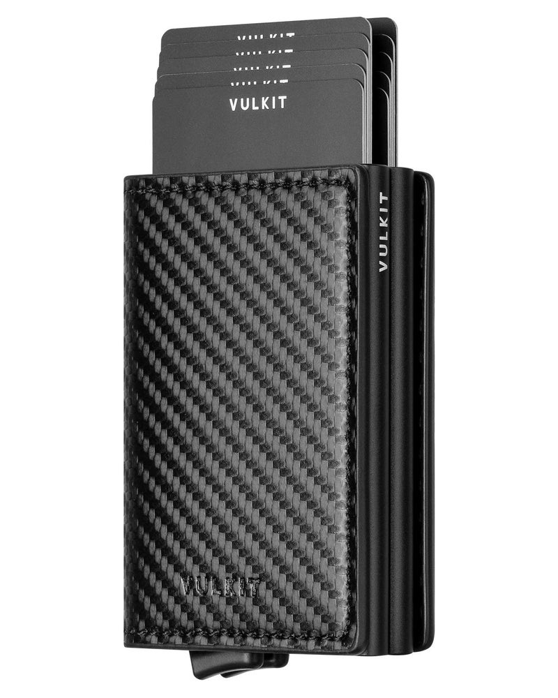 VULKIT محفظة فالكيت القابلة للطي جلدية رفيعة لحامل بطاقات الائتمان مع حجب RFID علبة بطاقتين معدنية للرجال والنساء من ألياف الكربون السوداء - Image 1