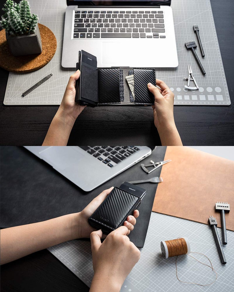VULKIT محفظة فالكيت القابلة للطي جلدية رفيعة لحامل بطاقات الائتمان مع حجب RFID علبة بطاقتين معدنية للرجال والنساء من ألياف الكربون السوداء - Image 4