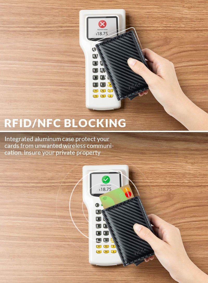 VULKIT محفظة فالكيت القابلة للطي جلدية رفيعة لحامل بطاقات الائتمان مع حجب RFID علبة بطاقتين معدنية للرجال والنساء من ألياف الكربون السوداء - Image 3