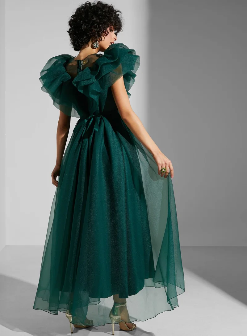Namshi x Leen Aboushaar Ruffle Front Organza Dress