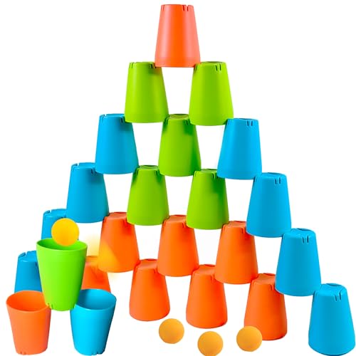 RAINBOW TOYFROG 3in1 Cup Stacking Set Toddler to Young Kids Quick Stacking Cups Game Montessori Stackable Cups to Develop HandEye Coordination Motor Skills and Creative Play Stack Cups and Ball Game Ages 3 - Image 1