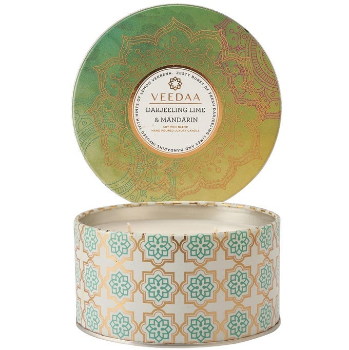 Darjeeling Lime Mandarin Soy Wax 3 Wick Tin Scented Candle Burns 40 Hours