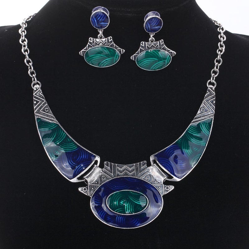 YAZILIND Ethnic Dark Blue Green Embossed Bib Collar Earrings Necklace Jewelry Set Women - Image 2