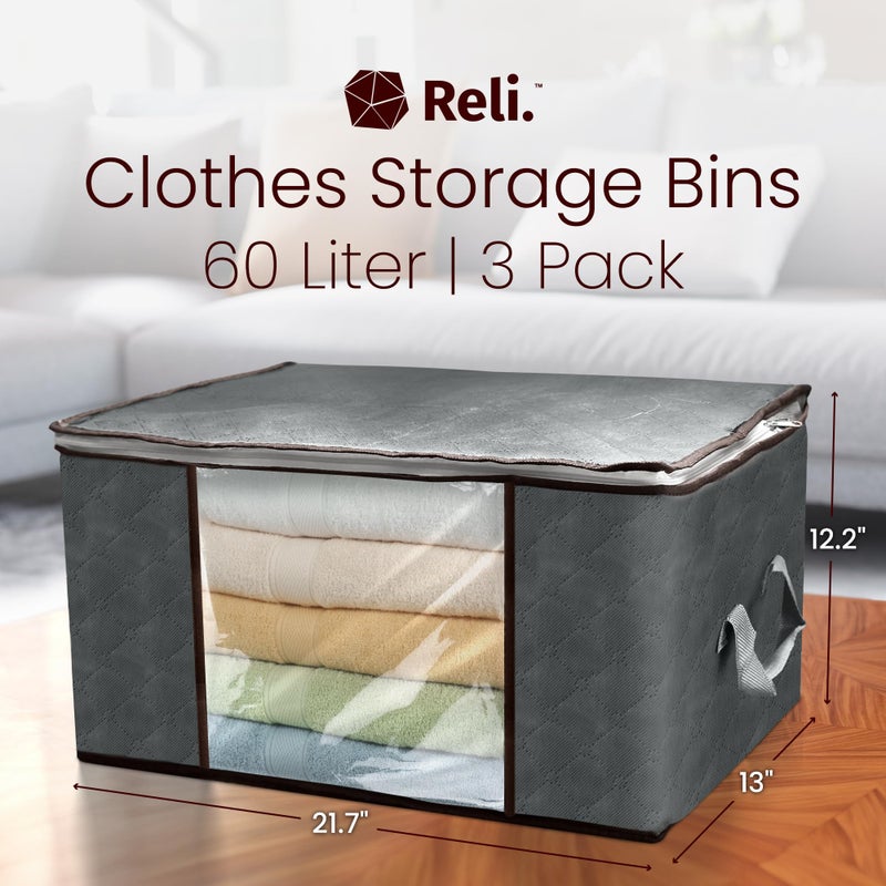 Reli. 60L Clothes Storage Bags (3 Pack) Closet Organizers and Storage Containers | Foldable Bins with Lids & Handles | Large Bags for Towels, Toys, Comforters, Blankets | Grey - Image 2