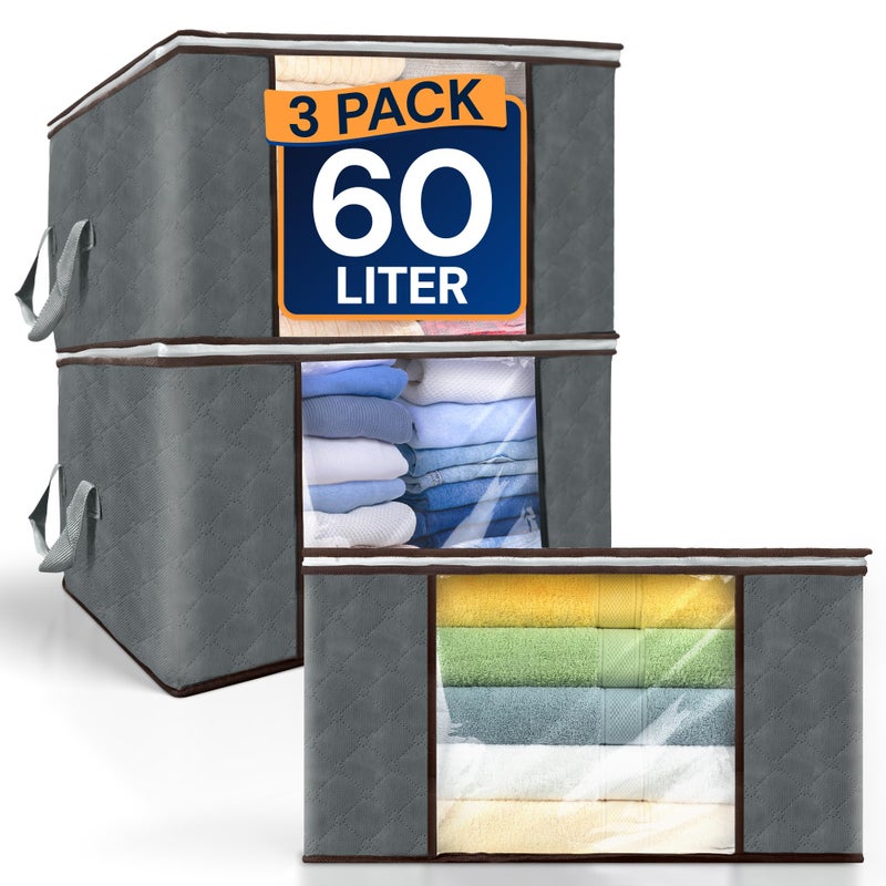 Reli. 60L Clothes Storage Bags (3 Pack) Closet Organizers and Storage Containers | Foldable Bins with Lids & Handles | Large Bags for Towels, Toys, Comforters, Blankets | Grey - Image 1