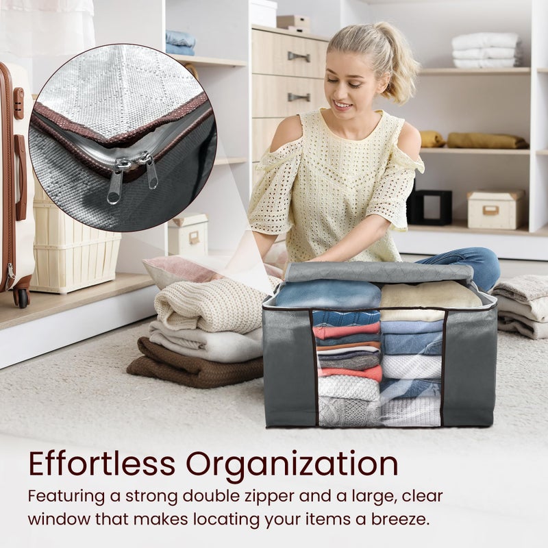 Reli. 60L Clothes Storage Bags (3 Pack) Closet Organizers and Storage Containers | Foldable Bins with Lids & Handles | Large Bags for Towels, Toys, Comforters, Blankets | Grey - Image 3