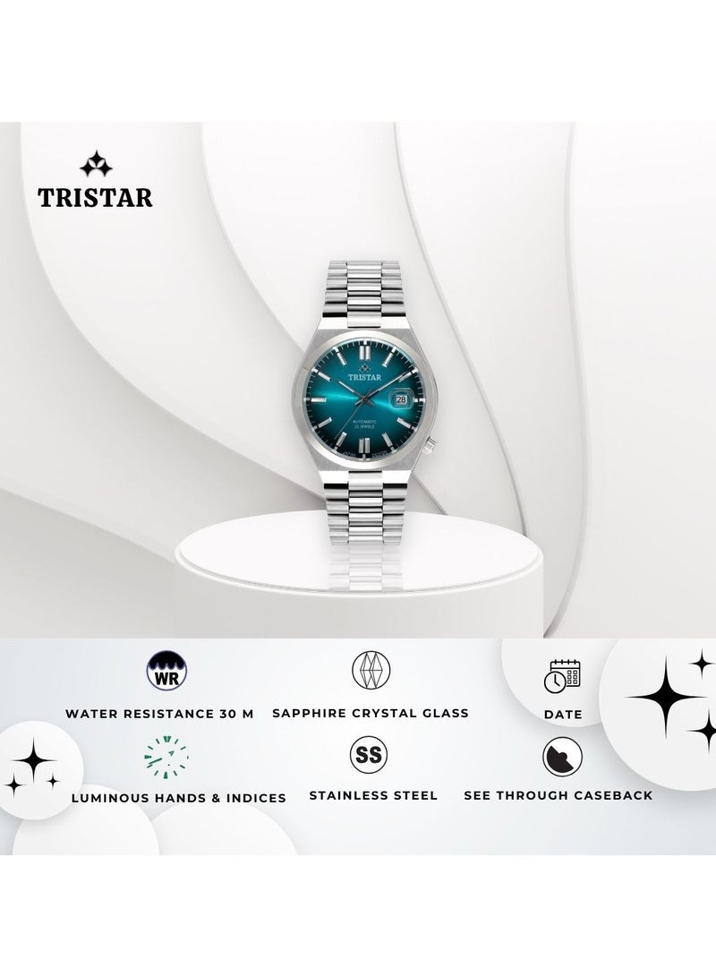 Tristar ساعة يد أوتوماتيكية للرجال من سلسلة NJ بمينا مؤشر أزرق متدرج وسوار من الفولاذ المقاوم للصدأ للرجال - Image 5