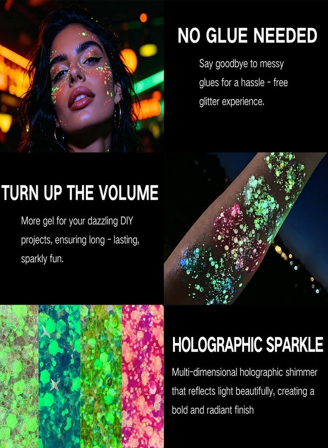 Paminify 4 PCS Glow Face Body Glitter Gel,Rave Accessories Outfits for Women,Glow in the Dark Neon Hair Glitter for Kids,Halloween Carnival Festival Essentials UV Black Light - Image 4