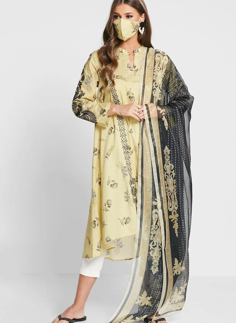 Nishat Linen Button Detail Printed Kurti With Dupatta