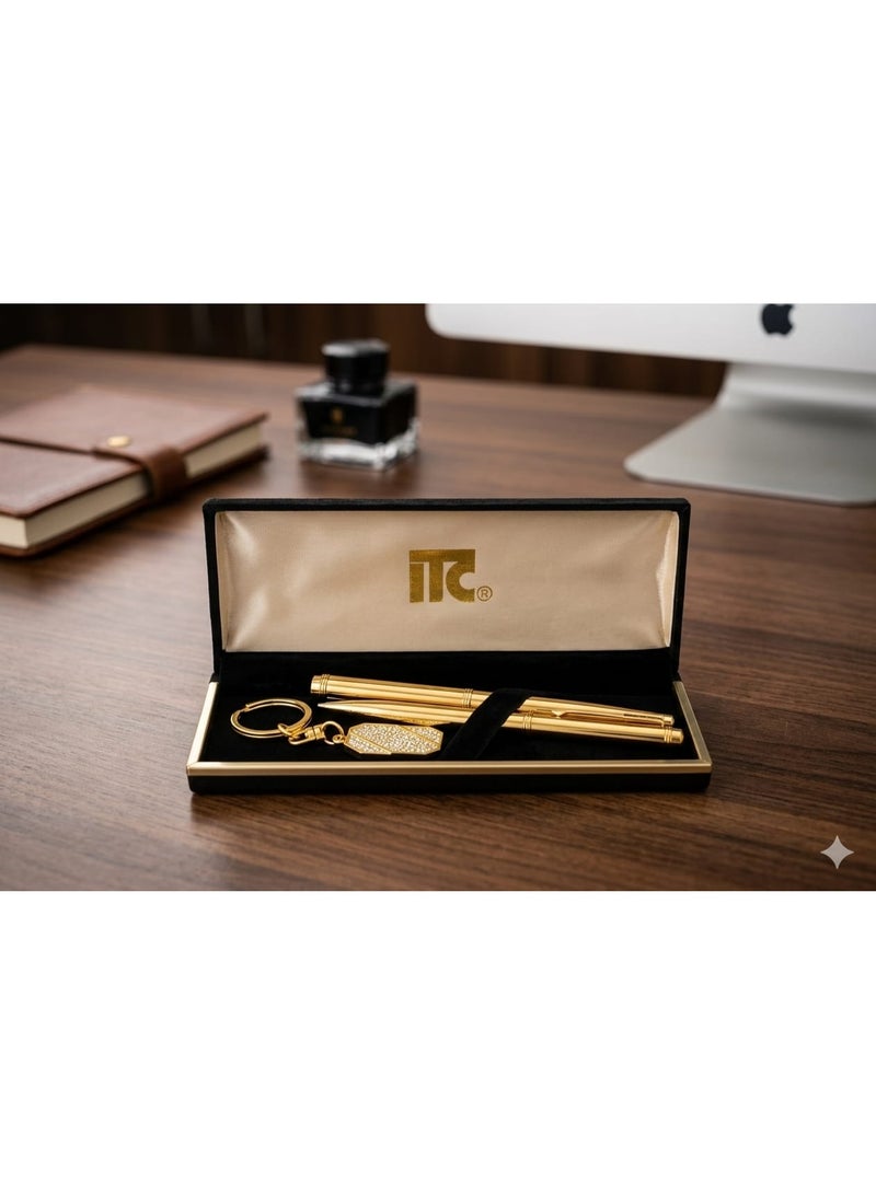 A gift set (luxury pen and gold medallion) studded with rhinestones. A set of office and personal accessories that combines luxury and practicality, designed in gold.